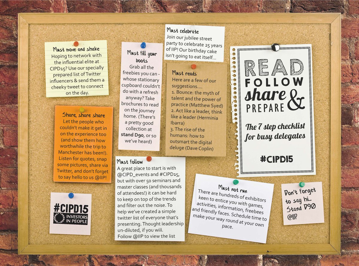 IIP's tweet photo. Improve your #CIPD15 conference competence with 7 tips for busy delegates @CIPD @CIPD_Events #weareiip https://t.co/pLnCEZ4bE8