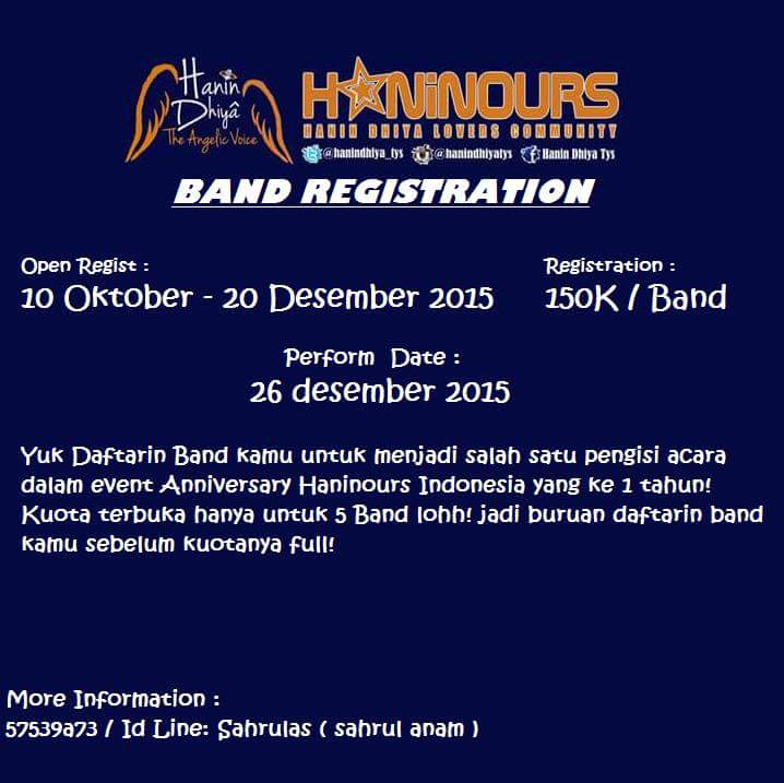 Haninours's tweet photo. Buat Haninours yg punya band, buruan daftarkan band kalian utk jd salah satu pengisi acara di #Anniv1stHaninours! 👇👇 https://t.co/bty823UdEh
