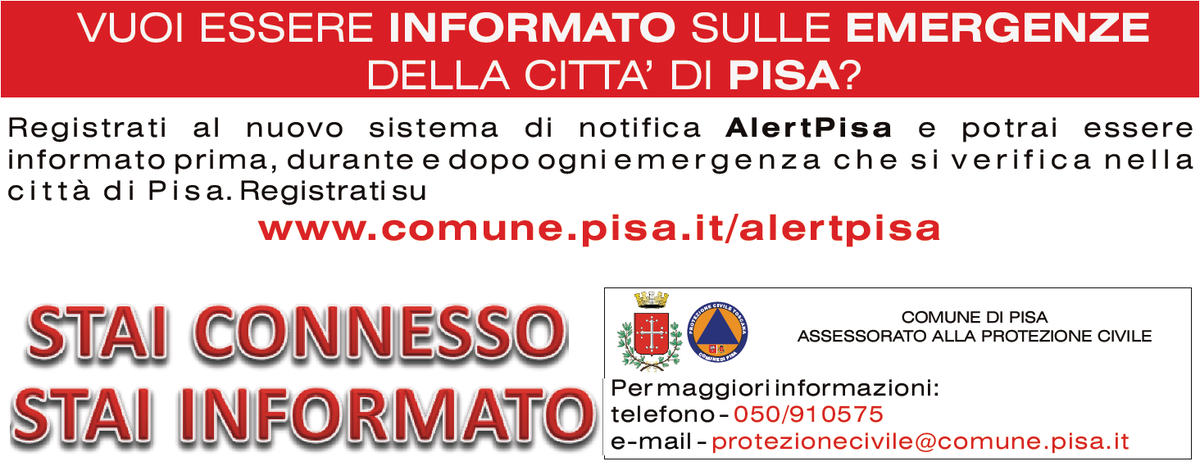 ProCivComunePi's tweet photo. Abiti o lavori a #Pisa? Registrati a #AlertPisa su https://t.co/7AIS3vtr0E per ricevere avvisi in caso di emergenze. https://t.co/HAWZ7bPXRh