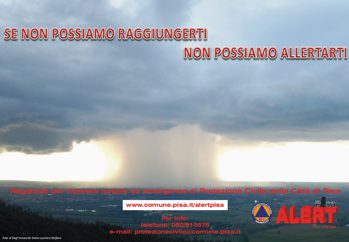 ProCivComunePi's tweet photo. Abiti o lavori a #Pisa? Registrati a #AlertPisa su https://t.co/7AIS3vtr0E per ricevere avvisi in caso di emergenze. https://t.co/HAWZ7bPXRh