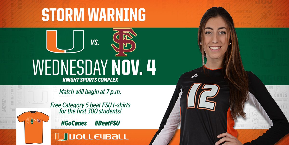 CanesVB's tweet photo. Don’t forget to #PackTheKnight as @CanesVB hosts rival FSU tonight in a BIG ACC match! First serve at 7 pm #BeatFSU https://t.co/cXc6xHImbv