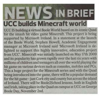 Boole2School's tweet photo. Article about #Boole world for #Minecraft in the @SouthernStarIRL @UCC @Microsoftirl @georgeboole200 https://t.co/9PuPHAuay9