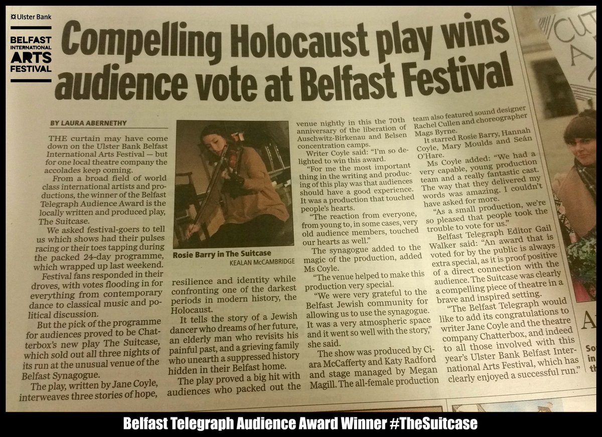 Congrats to <a href="/ChatterboxNI/">ChatterboxNI</a> who have won the 2015 <a href="/BelTel/">Belfast Telegraph</a>​ Audience Award for #TheSuitcase at #BelFest #ArtMattersNI
