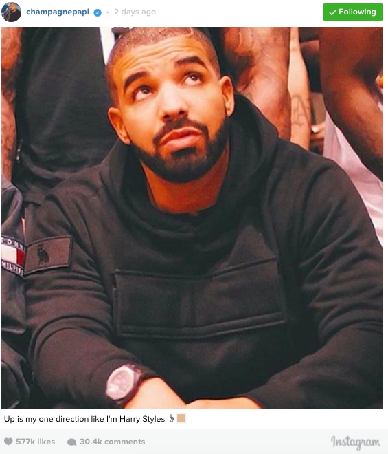 famouslive's tweet photo. Even Drake is upset about One Direction's last #OnTheRoadAgain show. Check his low-key Insta tribute aw... https://t.co/bRMhMR41Eb