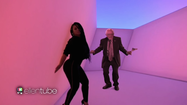 thehill's tweet photo. WATCH: 'Bernie Sanders' dances to Drake's 'Hotline Bling' https://t.co/VkYrLkYHJy https://t.co/KR5HRojj3o
