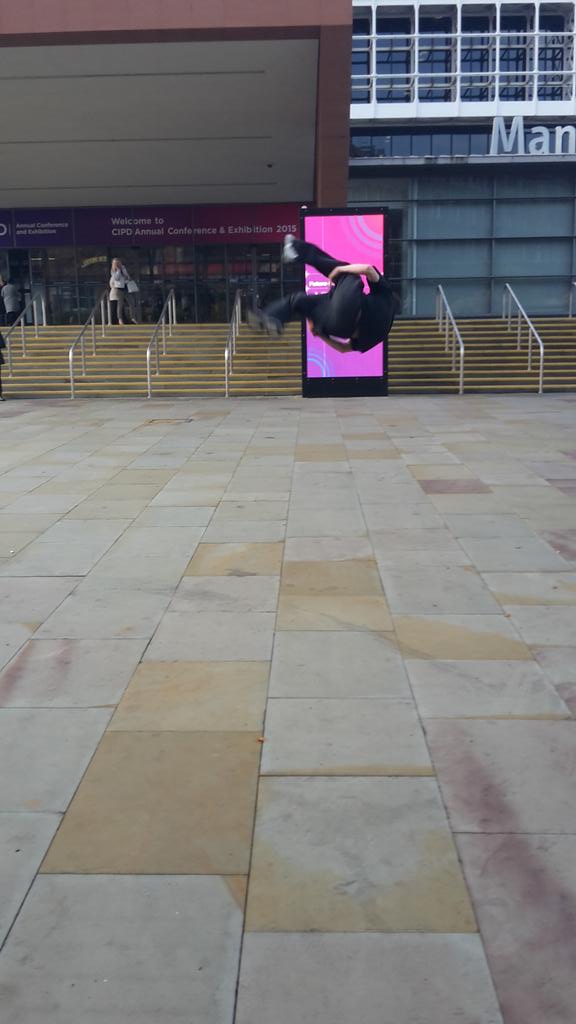 twymanator's tweet photo. Some gentle acrobatics on a Wednesday morning #cipd15 @brighthr_UK #itspaystoplay https://t.co/fu1DVfK5Py