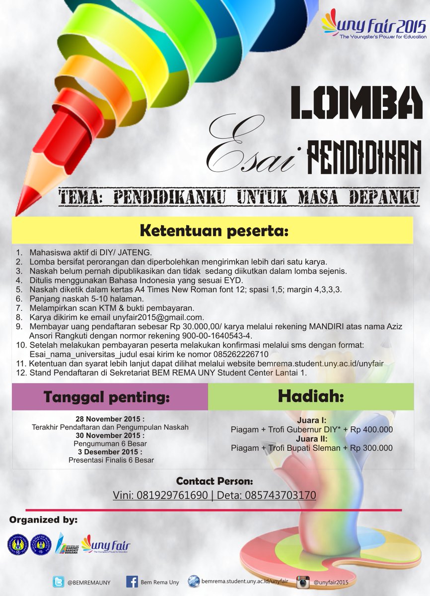 Yuk buruan daftar lomba esai mahasiswa. Lumyan ni dpet trofi gubernur jg kalo menang. Let's Join Us.!!
