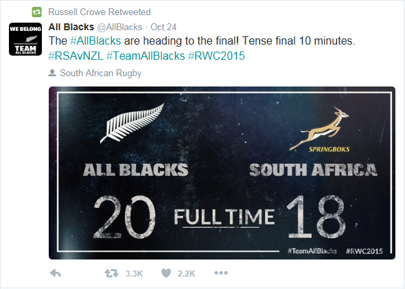 NZAllBlacksFans's tweet photo. Rusell Crowe supports @AllBlacks https://t.co/Eq2jvET6iF