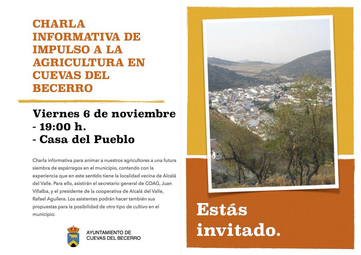 Este viernes la Casa del Pueblo de #CuevasdelBecerro acoge una charla informativa de impulso a la agricultura