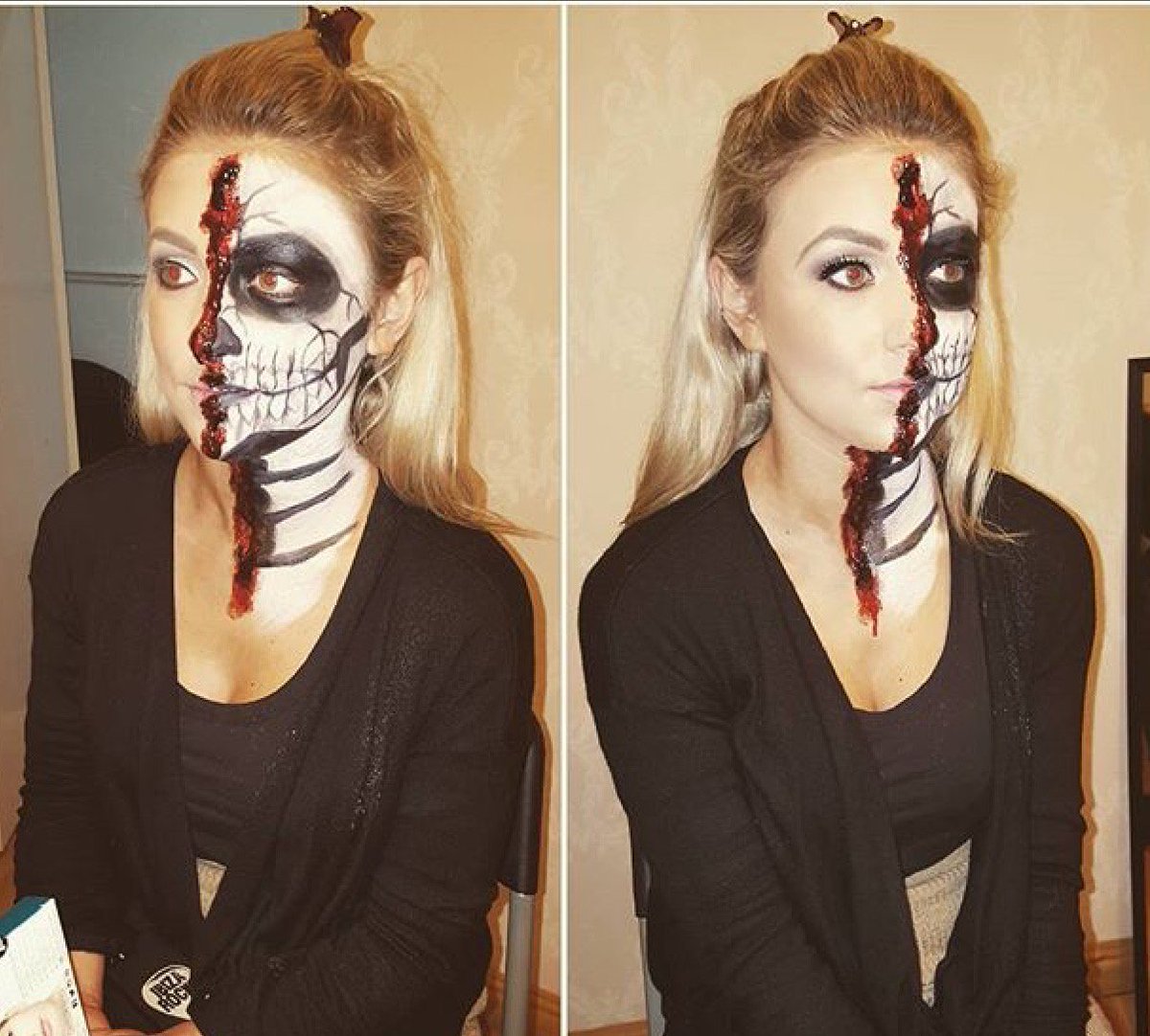makeupbygeorg's tweet photo. Half/half skeleton makeup #halloweenmakeup https://t.co/npGApLCF86