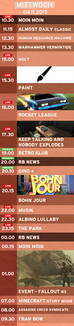 TeleBeans's tweet photo. Der Tagesplan für den 4.11. #rbtv https://t.co/0EC0v5boxn