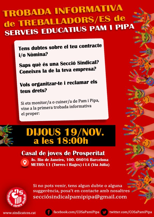 COSaPamiPipa's tweet photo. DIJOUS 19 DE NOVEMBRE a les 18h primera trobada de TREBALLADORS/ES de SERVEIS EDUCATIUS PAM I PIPA S.L. al @CJProspe https://t.co/q6ZDP4C71w