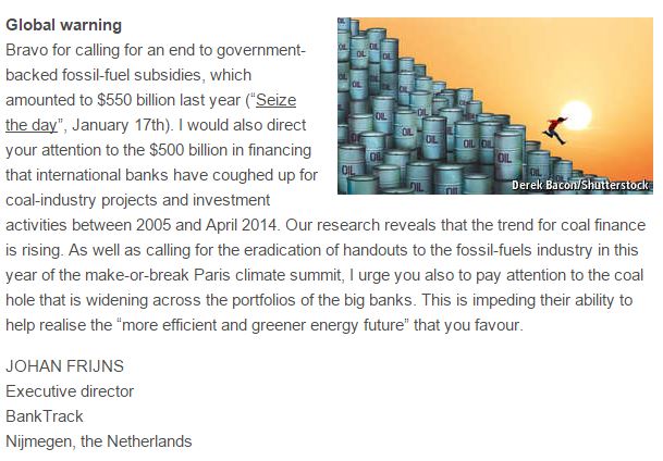 BankTrack's tweet photo. We wrote to The Economist in January about the banks & coal problem. #4weeks2COP the problem persists #EconEnergy15 https://t.co/1uoRDByM0B