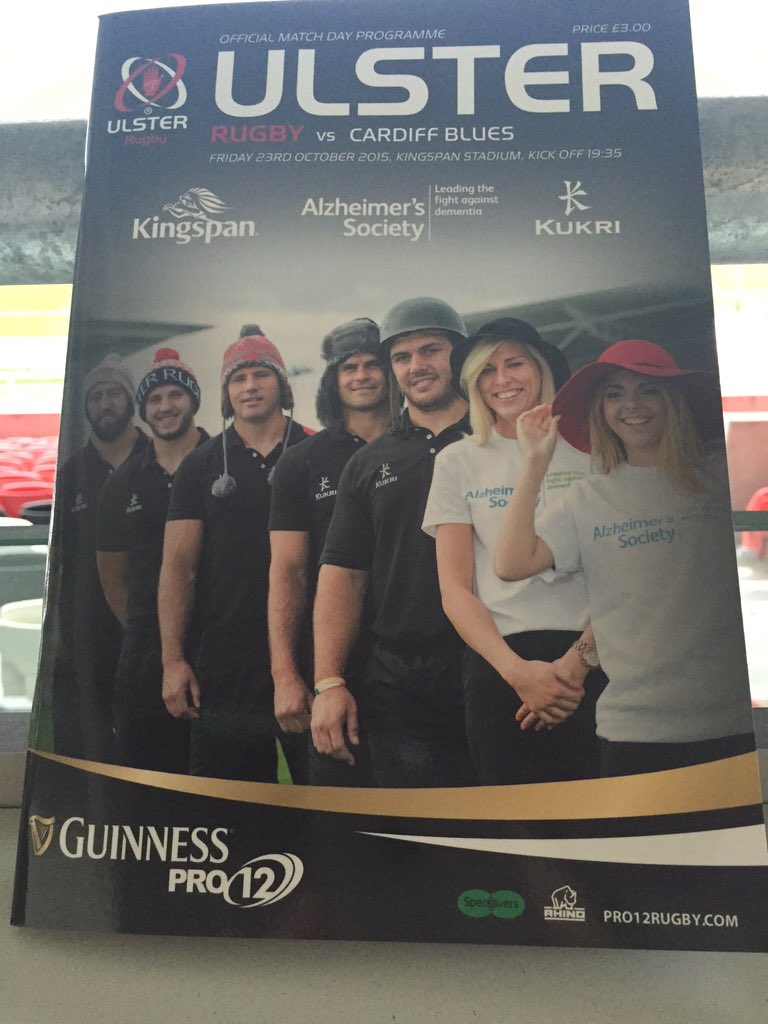 UlsterRugby's tweet photo. Tonight's match programme cover - raising awareness for @alzheimerssoc @AlzSocNIreland https://t.co/H3xRE5CiH5