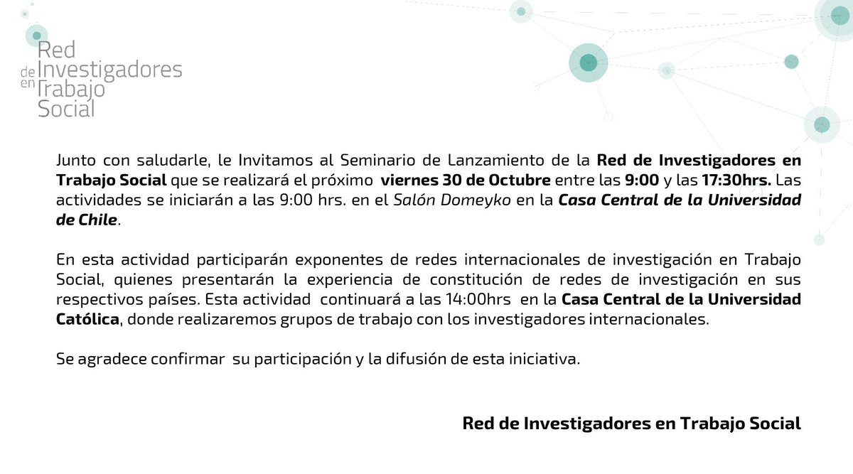 Seminario de Lanzamiento de la Red de Investigadores en Trabajo Social, inscripciones en --> goo.gl/jHGe4P