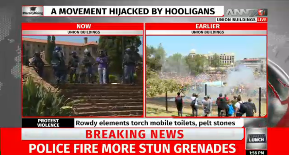 darrynvdwalt's tweet photo. At least @ANN7tv reporting that the movement was hijacked by hooligans #FeesMustFall https://t.co/GYgjxdR3RG
