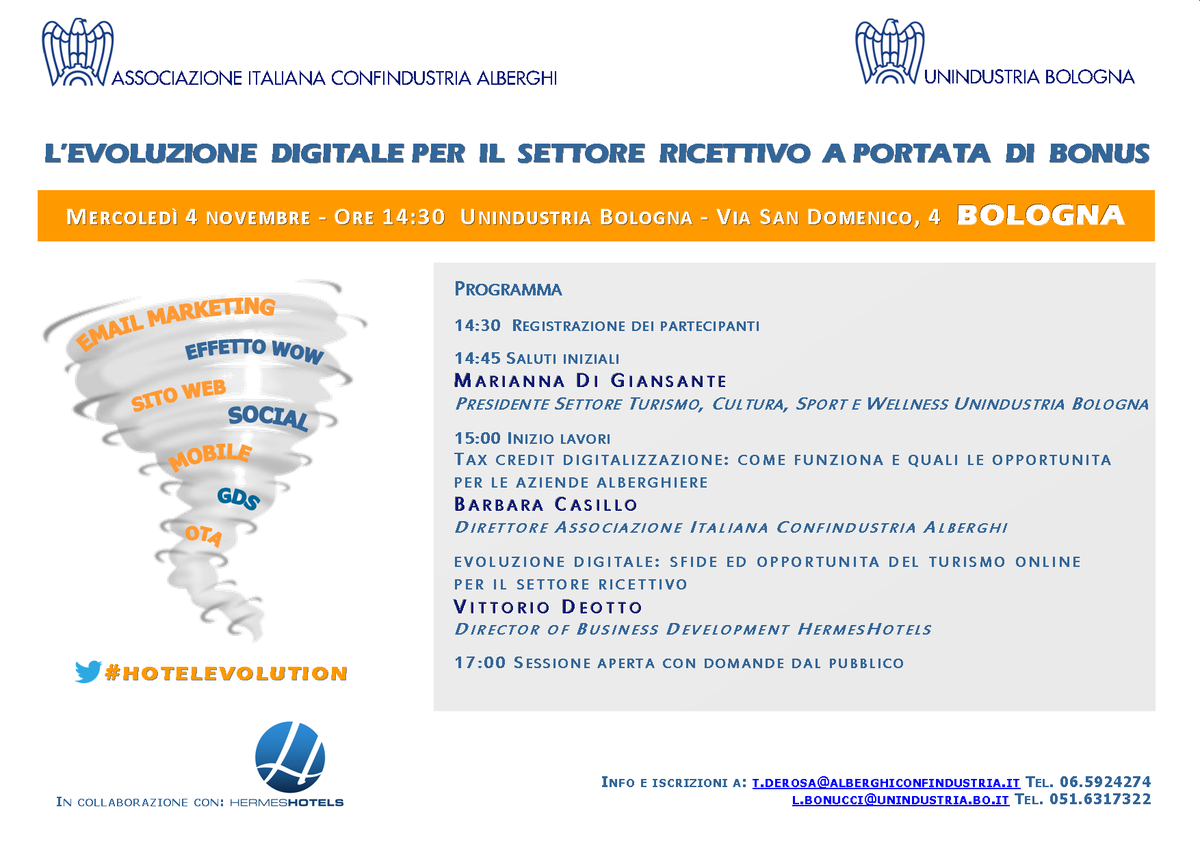 #hotelevolution a Bologna per affiancare l'hotellerie nel processo di digitalizzazione @HermesHotels @UnindustriaBo
