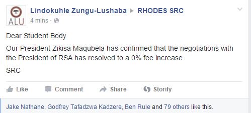 oppidanpress's tweet photo. .@RhodesSRC President @Mr_Maqubela confirms 0% increase from Pres #FeesMustFall #NationalShutDown https://t.co/8TQ54ZFlyv