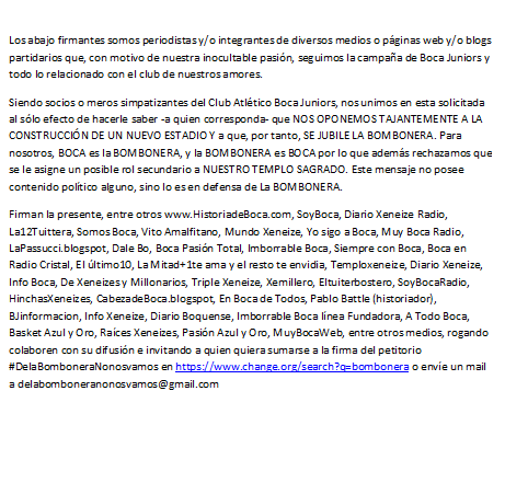 Medios partidarios, págs web, etc del mundo Boca adhieren a #delaBomboneraNonosvamos. Sumate change.org/p/de-la-bombon…