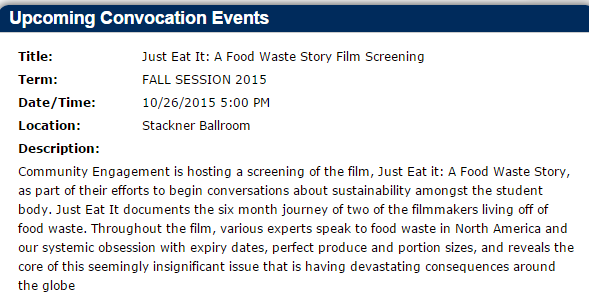CU_Advising's tweet photo. Upcoming convo: Just Eat It: A Food Waste Story. For more check out the Convocations link under the student tab. https://t.co/suYB4v0S0F