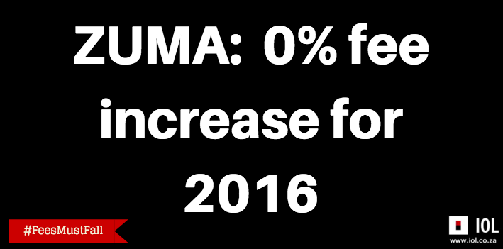IOL's tweet photo. BREAKING NEWS: Zuma announces 0%fee increase  #unionbuilding #feesmustfall #FeesHaveFallen https://t.co/JcmcQW9xO5 https://t.co/gGn1OqEyso
