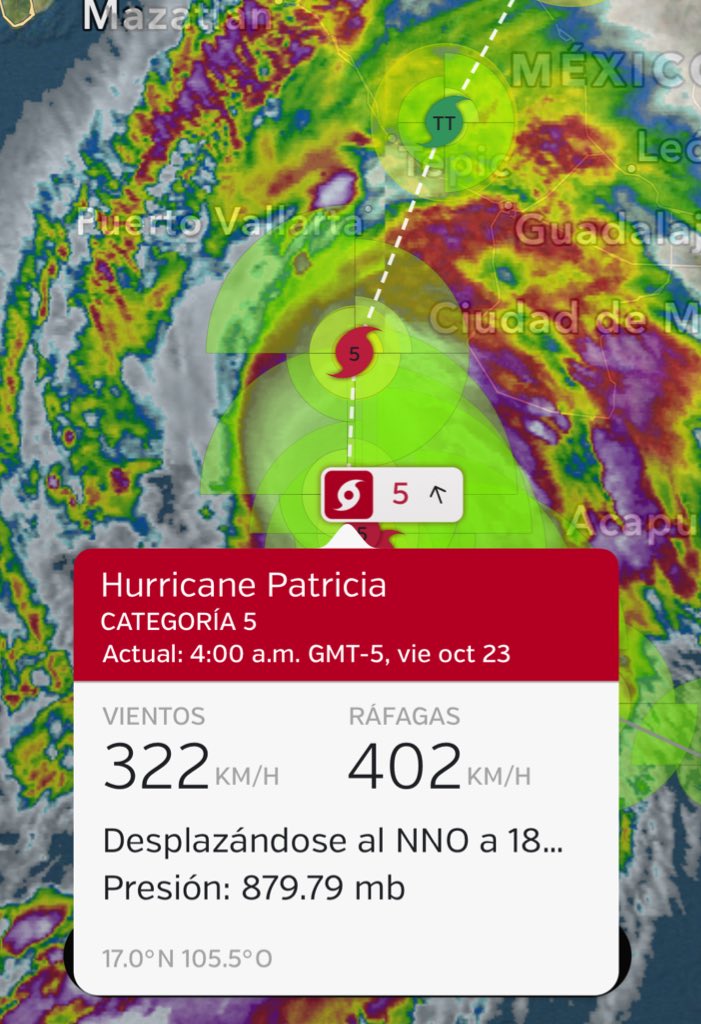 #HuracanPatricia ya es el más poderoso de la historia en el Océano Pacífico vientos 322km/h. Ráfagas 402km/h