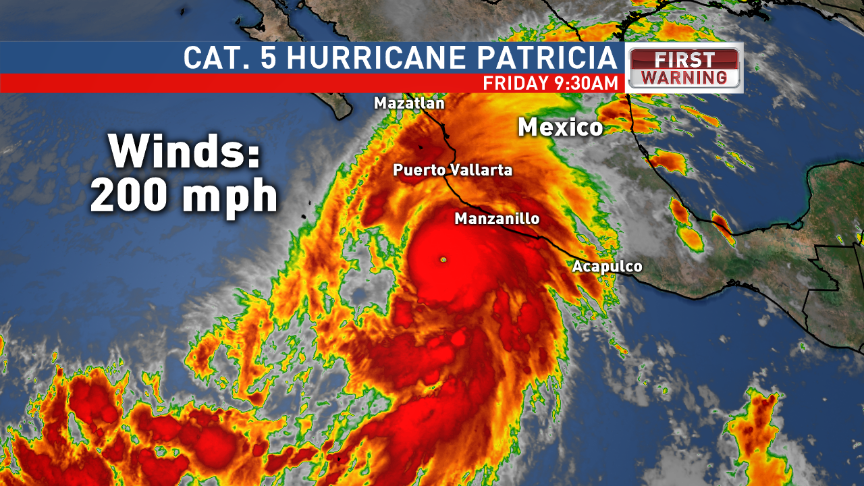 EdPiotrowski's tweet photo. #Patricia strongest hurricane on record in E Pac/Atlantic Basins. Max winds: 200mph. Surface pressure: 880mb https://t.co/8hITAaT59o