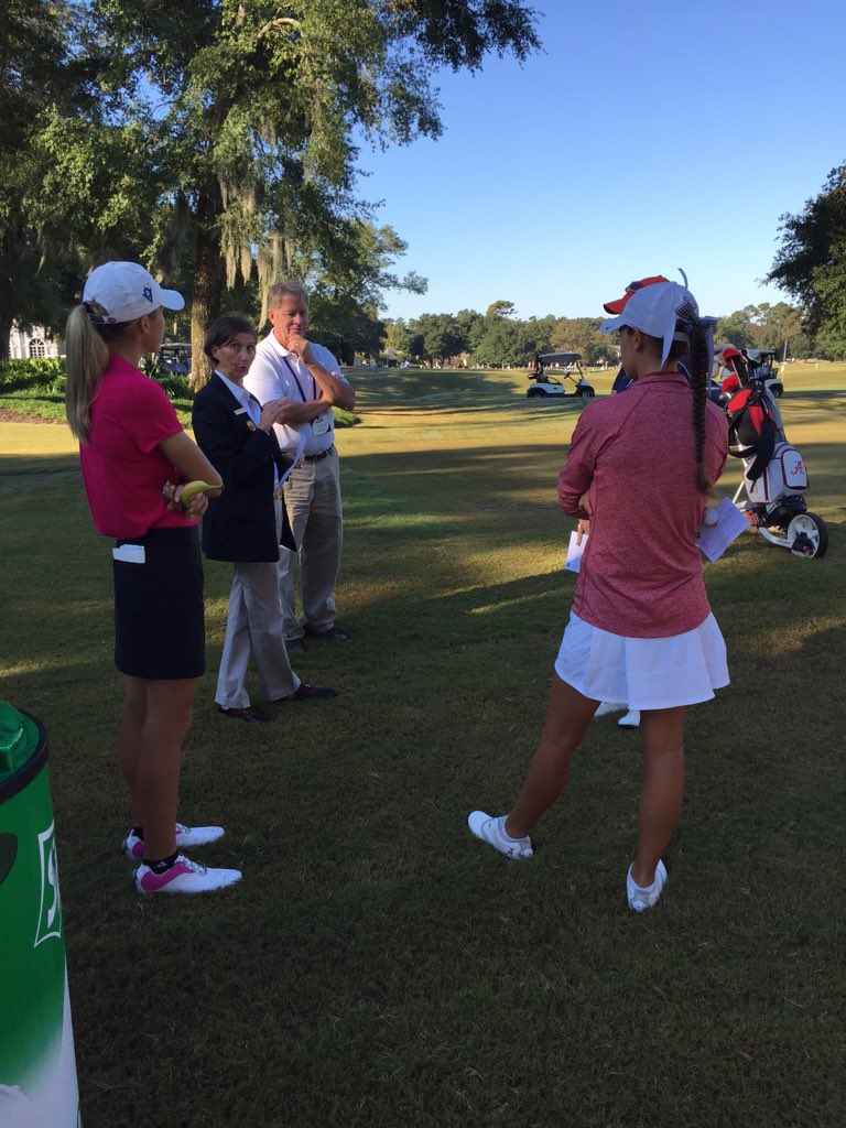 UNCWAthletics's tweet photo. Meghan Theiss and her playing group goes over rules prior to teeing off to start the first round at #LT2015. https://t.co/67aHSyofAx