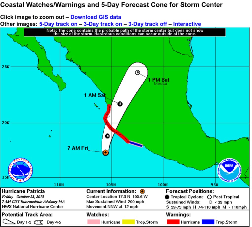 Zona de afectación e impacto del #HuracanPatricia, las bandas desprendidas ya alcanzan los 300km