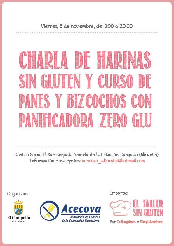 Viernes 6 de Noviembre charla de harinas y curso de panes y bizcochos con <a href="/TallerSinGluten/">El Taller Sin Gluten</a> en El Campello, Alicante.