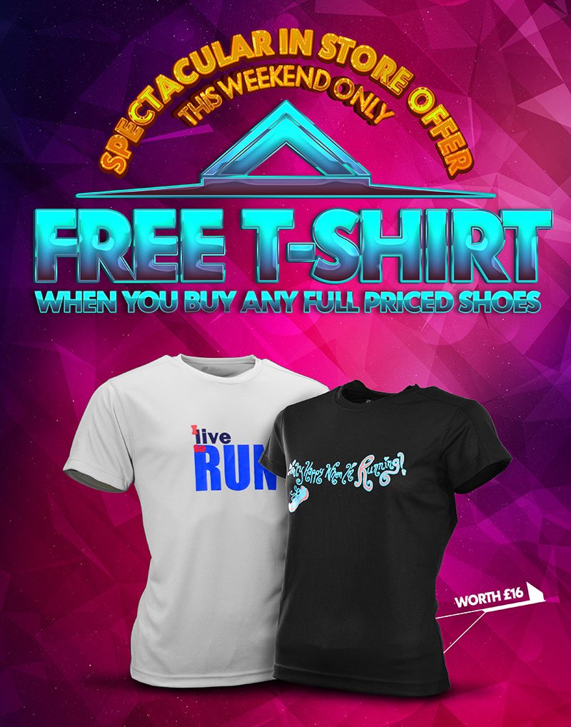 UpandRunningHa's tweet photo. Fantastic offer this weekend only. Buy any full priced pair of shoes and receive a free technical T-shirt worth £16 https://t.co/PKtoE1w8Rq