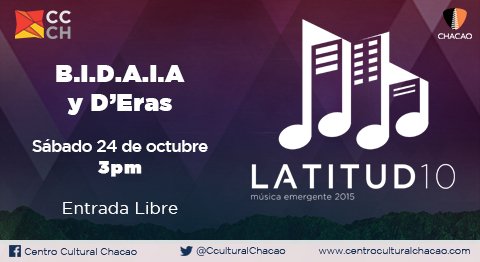 CculturalChacao's tweet photo. Este mes traemos una nueva edición de #Latitud10 con @BidaiaOficial y @D_Eras | #Mañana 3pm #EntradaLibre https://t.co/9mmv8sXeSk