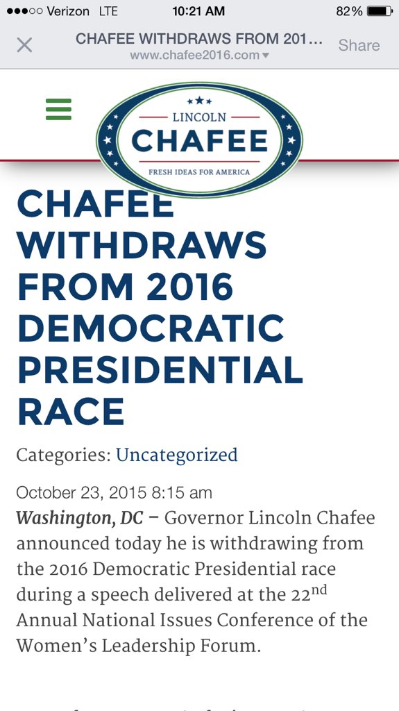 mollyvoigt's tweet photo. America is missing out on a courageous leader #riplinc #chafee2016 https://t.co/M7twS5CUas