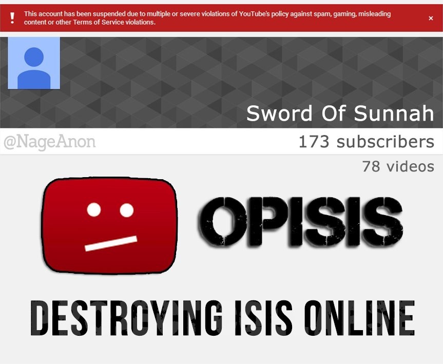 NageAnon's tweet photo. #ISIS propaganda YouTube channel "Sword Of Sunnah" with 173 subscribers is suspended. #OpISIS #ProjectCollapse https://t.co/69qevCKNCp