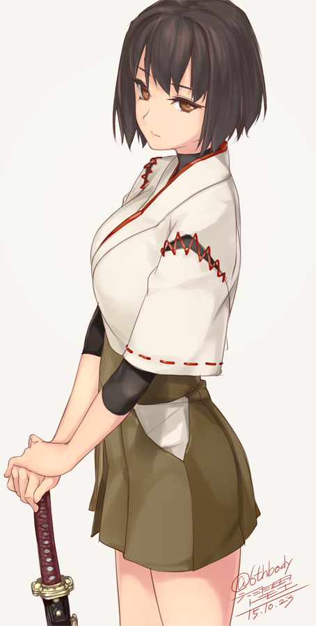 hyuuga (kancolle) 1girl solo sword weapon short hair brown eyes japanese clothes  illustration images