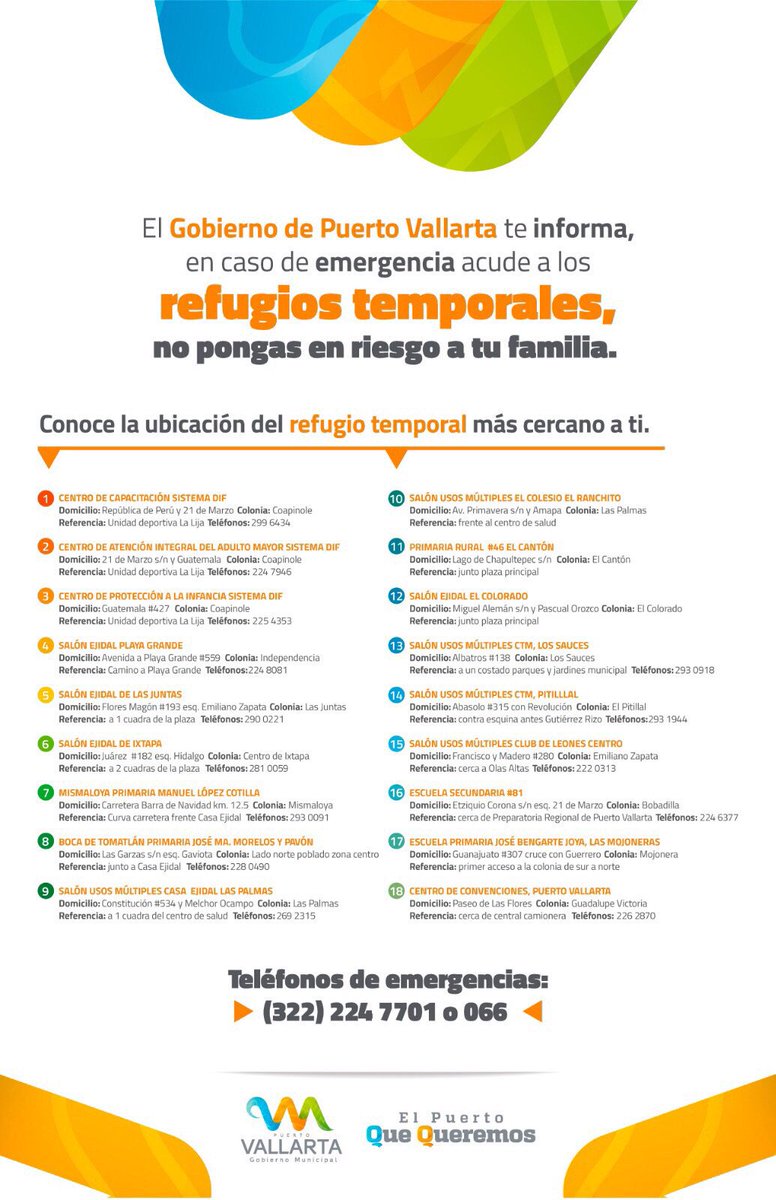 Ubica #RefugiosTemporales #Huracán #Patricia 
#Jalisco
01322-224-7701
#Colima
01312-313-0311
#Nayarit
01311-133-0381