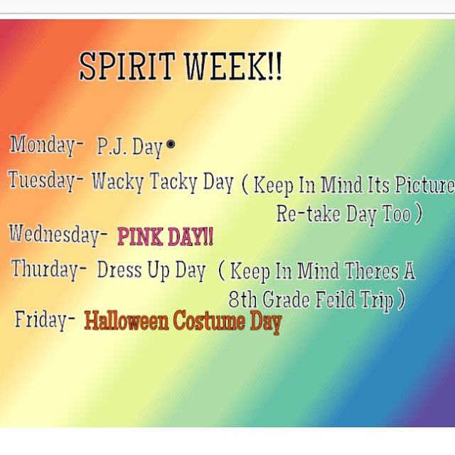 DunckelYearbook's tweet photo. Next week is spirit week Remember Tuesday is picture retake day and Thursday there is a 8th grade field trip😜🙂 https://t.co/0IT7wUltz3