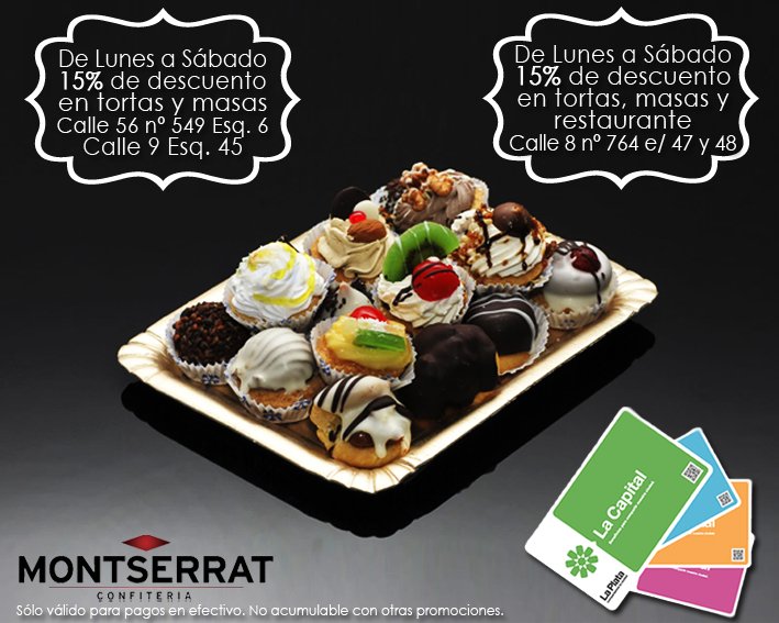 TarjetaLC's tweet photo. Hoy es un lindo día para reunirse, ¡pasá por Confiteria Montserrat​ y llevá algo rico y con descuento! https://t.co/zFb4wOIiWW