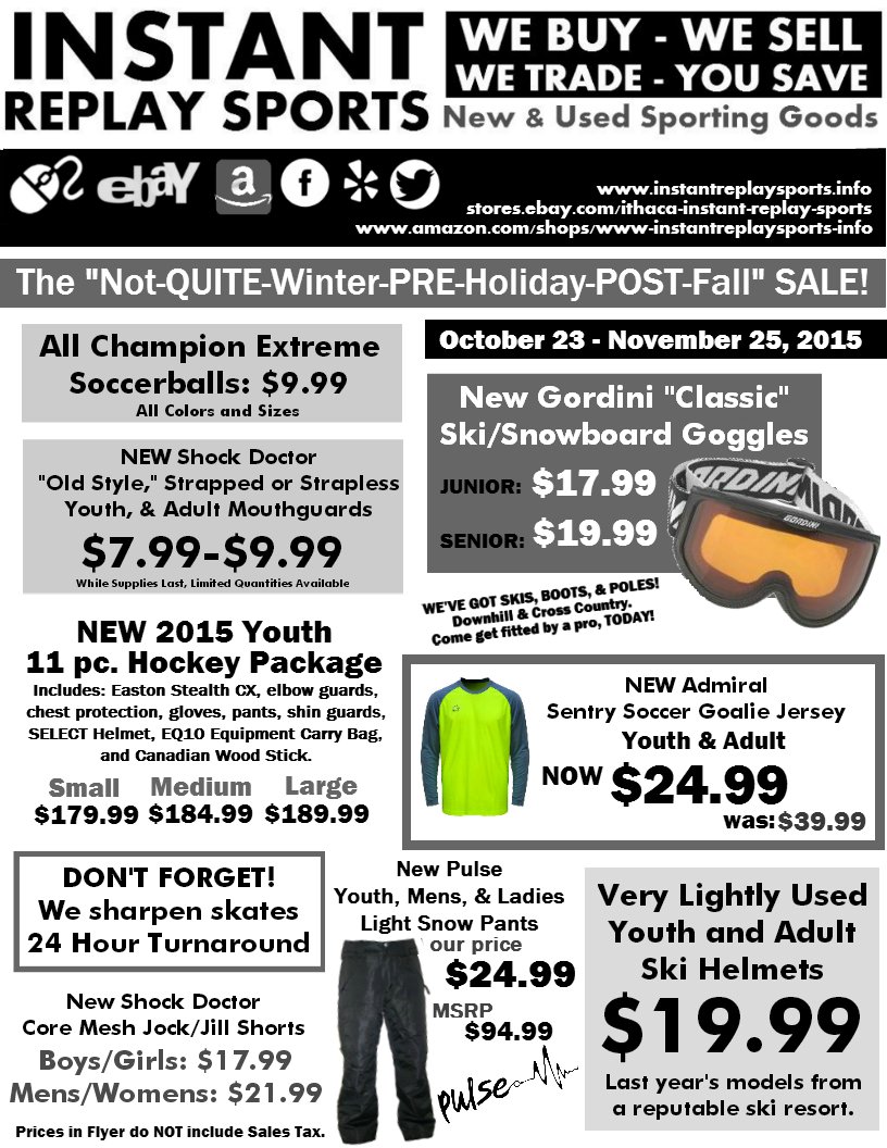 Replay_Sports1's tweet photo. The Not-QUITE-Winter-PRE-Holiday-POST-Fall Sale STARTS TODAY! Check out the deals @ the Triphammer Store! #twithaca https://t.co/6fmMXx8Gf8