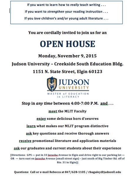 JudsonTeacherEd's tweet photo. Masters of Literacy open house! RT to spread the word! #JudsonAwesome https://t.co/i4UrnUigHl