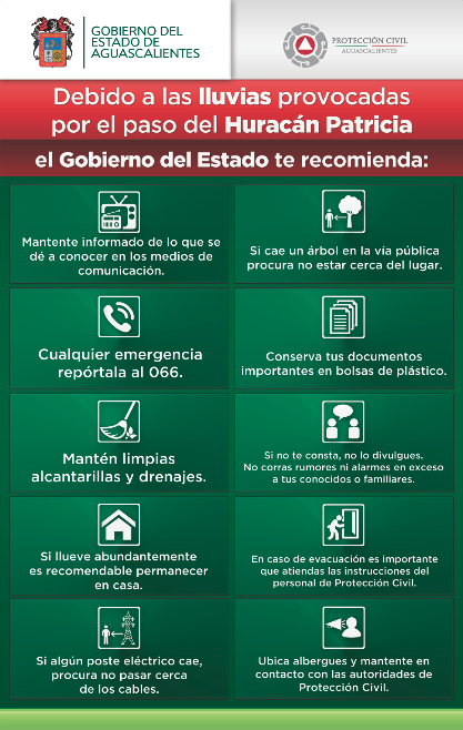 Difusion_Ags's tweet photo. Recomendaciones que debes tener en cuenta debido a las lluvias provocadas por el #HuracánPatricia https://t.co/c87P4KVyJs