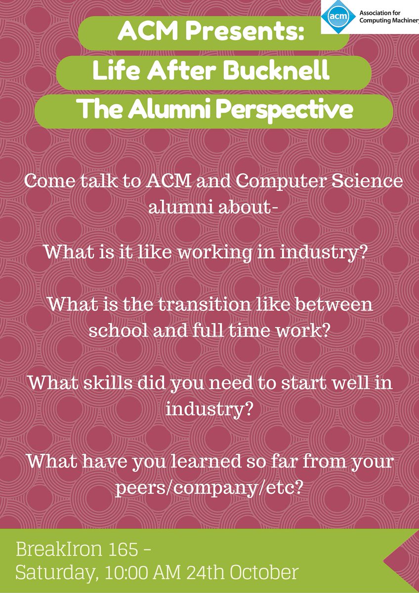 BucknellCS's tweet image. TOMORROW: Mingle with some @BucknellU alums in CS, and find out more about the life after. 10AM in BRKI 165