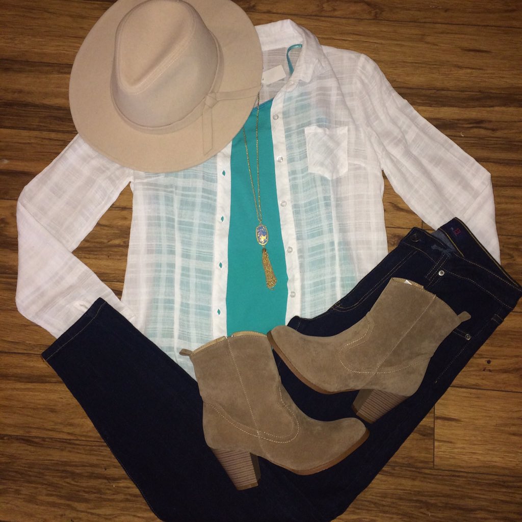 VR1720's tweet photo. Love Love Love! Floppy hat-$24 Booties-$36 Aqua Cami-$7 KS inspired necklace-$17 Jeans-$36 White button down-$40 👒👖👢 https://t.co/UuxstYfueM