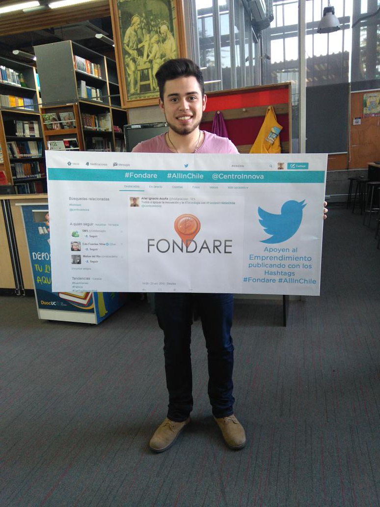Arielignaciooo's tweet photo. Apoyanos con un twitt! Con los hashtags #Fondare #AllInChile @CentroInnova https://t.co/DomTaQ6Uff