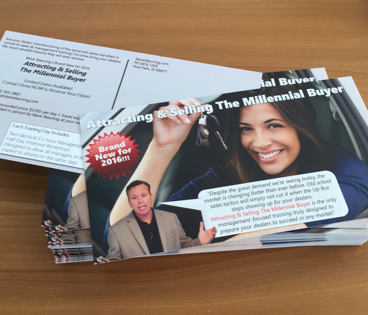 SteveStauning's tweet photo. Sending this mailer to US dealer associations offering our 2016 SELLING TO MILLENNIALS workshop. #LimitedDates https://t.co/t9sYGxh45Z