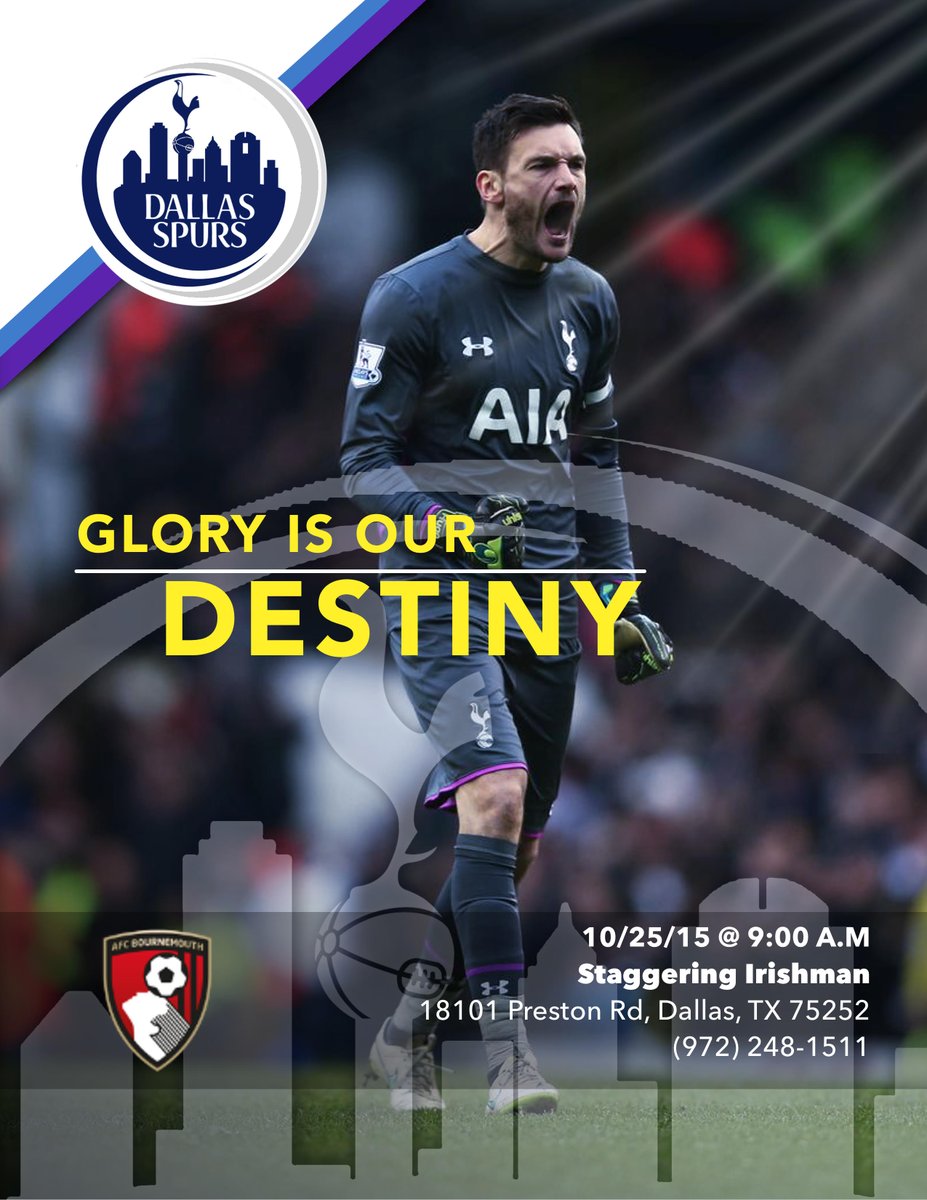 DallasSpurs's tweet photo. @StaggeringIrish this Sunday as @SpursOfficial take on @afcbournemouth looking to rebound from Europe. 9:05 KO #COYS https://t.co/Q4iJoF8upb
