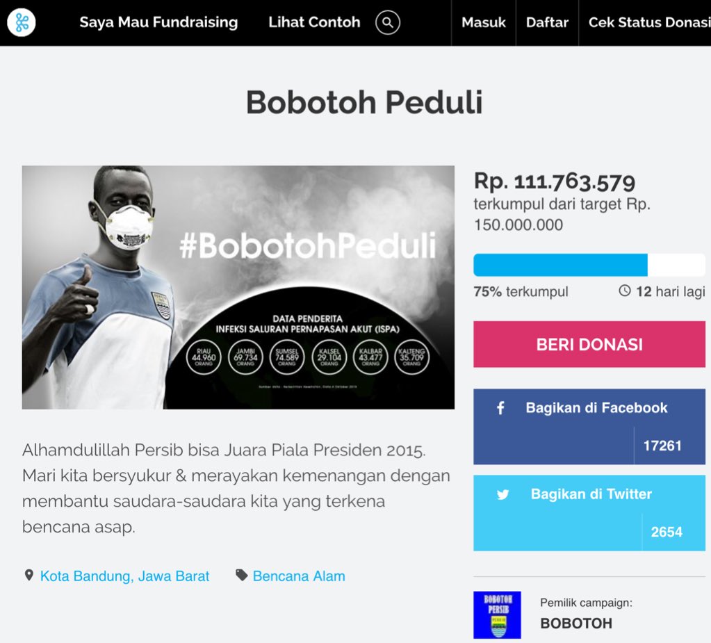 ridwankamil's tweet photo. Bobotoh tong hilap, nyumbang ut bencana asap via https://t.co/Cl0OARlERG. 2 hari Sdh terkumpul 100an juta. nuhun. https://t.co/ZjngWmkvFk