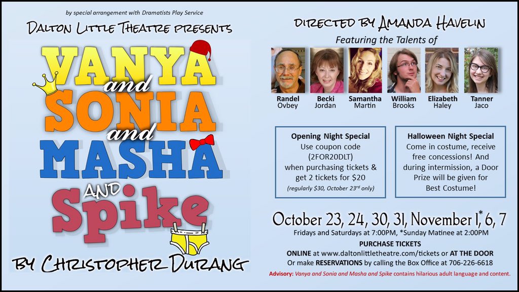 DLTStage's tweet photo. Happy opening to the cast &amp; crew of Vanya and Sonia and Masha and Spike! Buy 2 tix &amp; use code 2FOR20DLT to save $10 https://t.co/qqMvxe0vlI