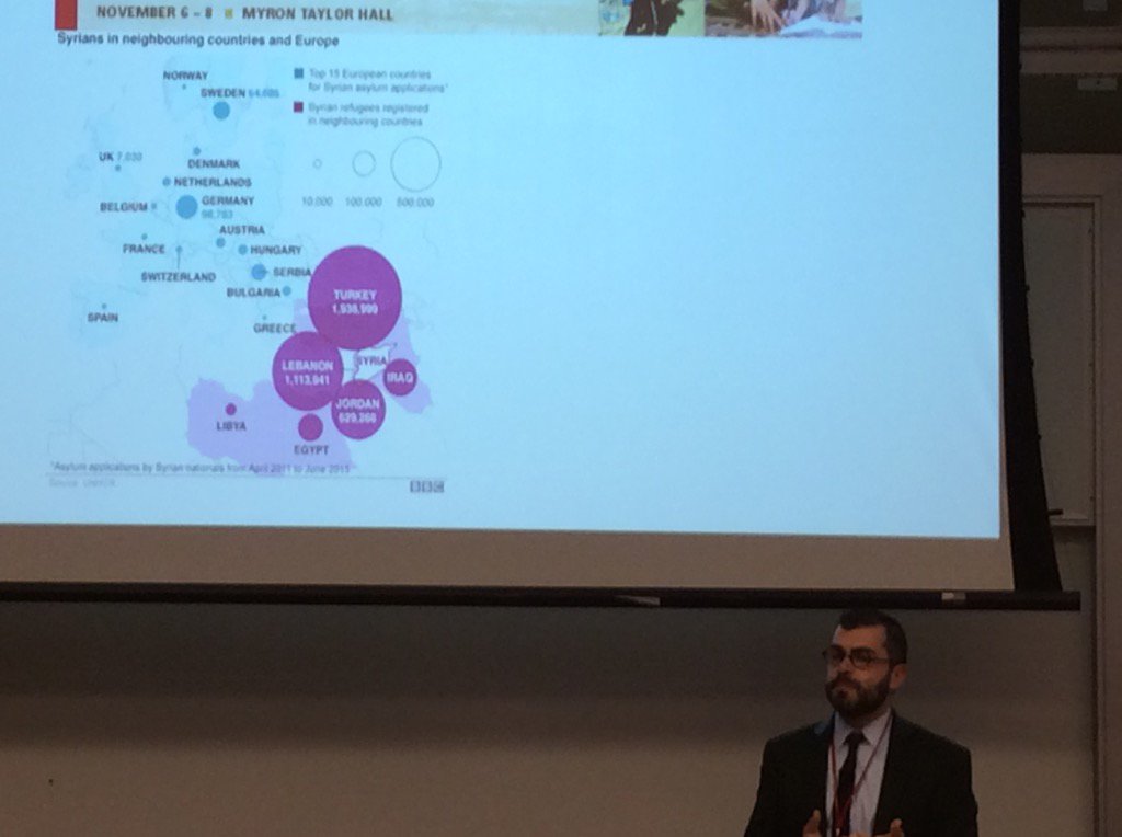 davsteward's tweet photo. Prof. Mostafa Minawi discusses the Syrian refugee crisis. 7mm displaced, 4.5mm refugees #TCAM2015 https://t.co/8nA4p7FFNo