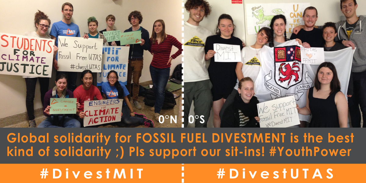 FossilFreeMIT's tweet photo. Feelin' the love from down under. Shout-out back to @FossilFreeUtas! #DivestMIT #DivestUTAS #ScientistsSitIn https://t.co/DdwNy8cEmE